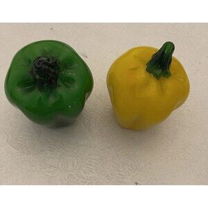 2 Art Glass Capsicum Peppers Vegetables Hand Blown Italy Murano Yellow Green